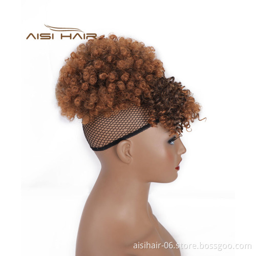 Aisi Hair New Design Kinky Curly Puff Brown Color Hair Bun With Bangs Afro Short Curly Synthetic Hair Extension For Black Women